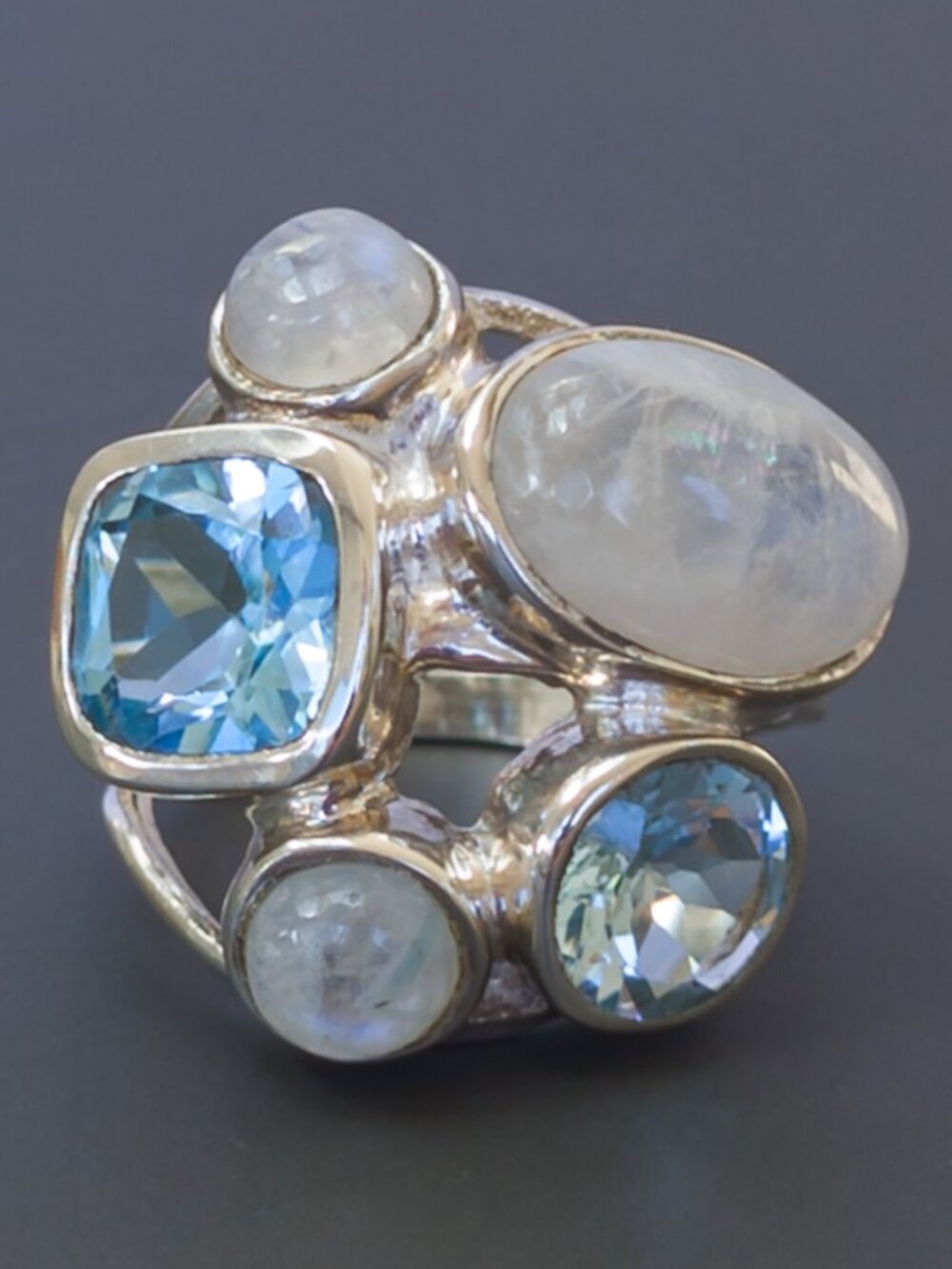 925 Sterling Moonstone + Blue Topaz Cluster Ring, Size 6 (25mm face)